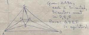Diagram illustrating question of how to prove that the intersections of a triangle’s trisections form an equilateral triangle.